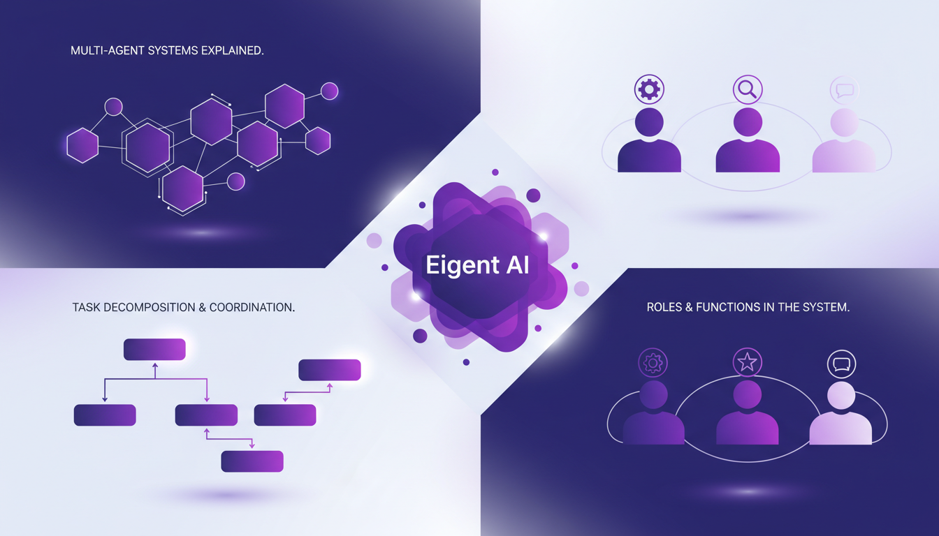 Modern illustration of multi-agent architectures in Eigent AI, featuring DAG for task coordination and specialized agents, minimalist style.