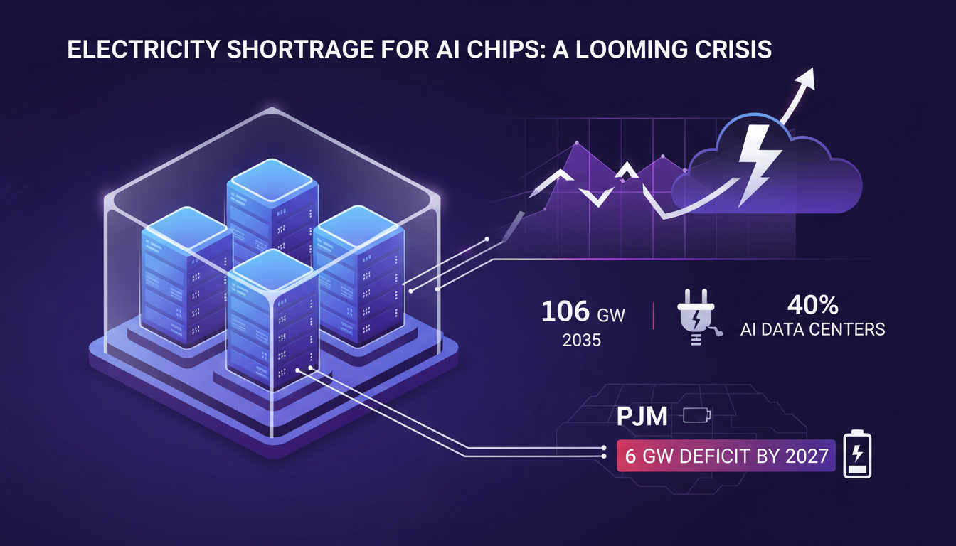 Modern illustration of electricity shortage for AI chips, depicting power-hungry data centers with indigo and violet palette.