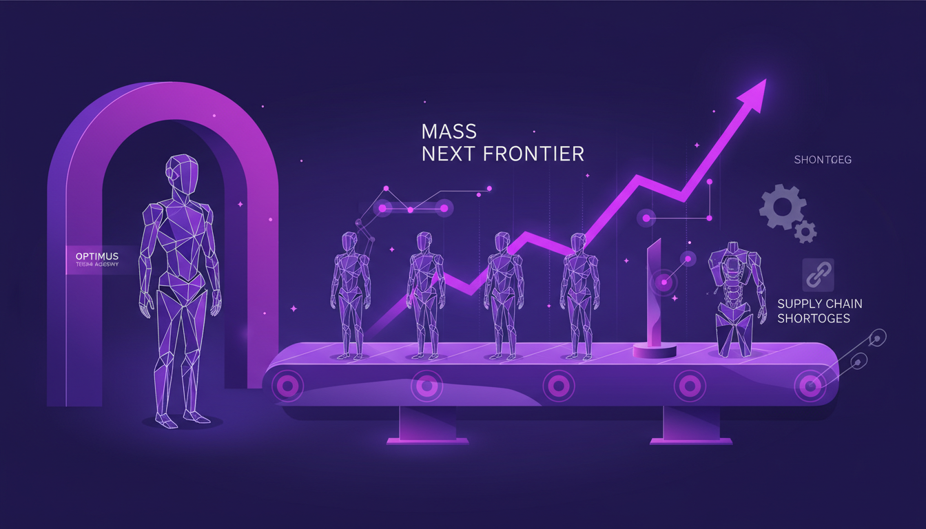 Modern illustration of mass production of humanoid robots with clean lines and violet gradients, symbolizing innovation and AI technology.