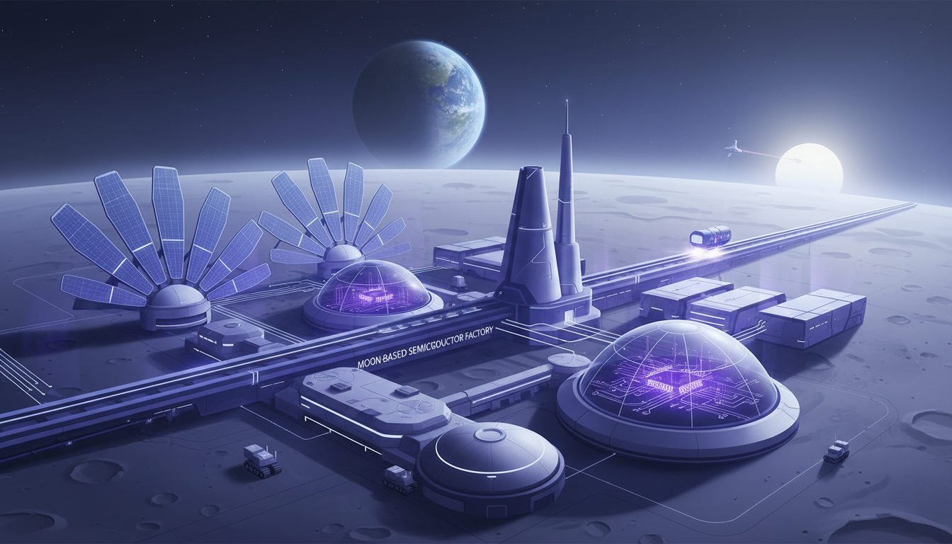Modern illustration of SpaceX's lunar semiconductor factory, featuring geometric shapes and indigo and violet colors.
