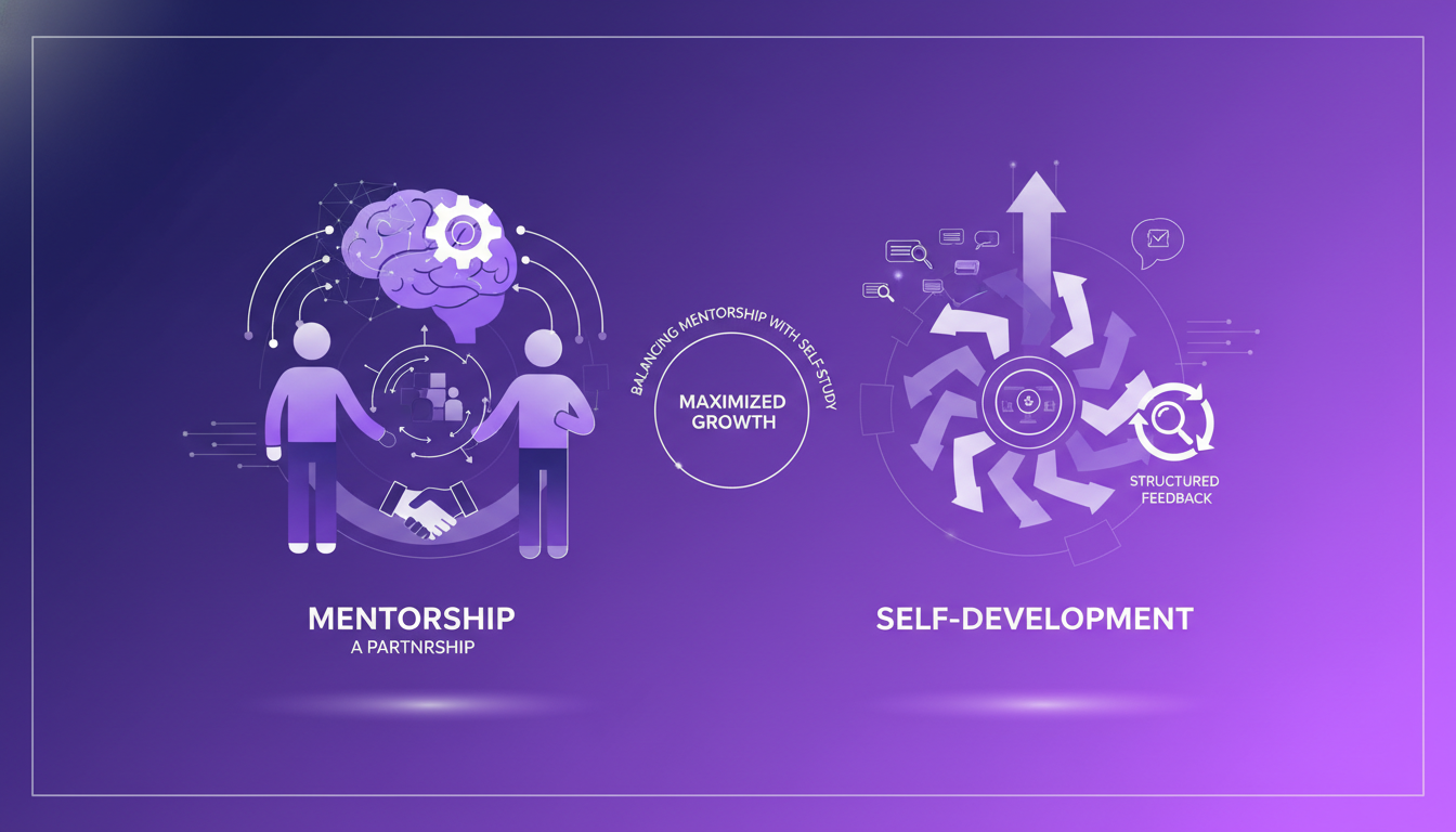 Modern illustration of mentorship and self-development with geometric shapes, symbolizing professional growth and AI innovation.