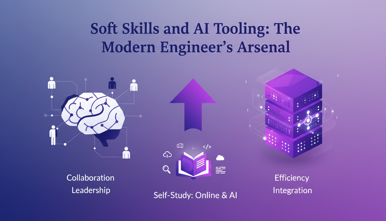 Modern illustration of soft skills and AI tools for engineers, featuring geometric shapes and violet gradients.