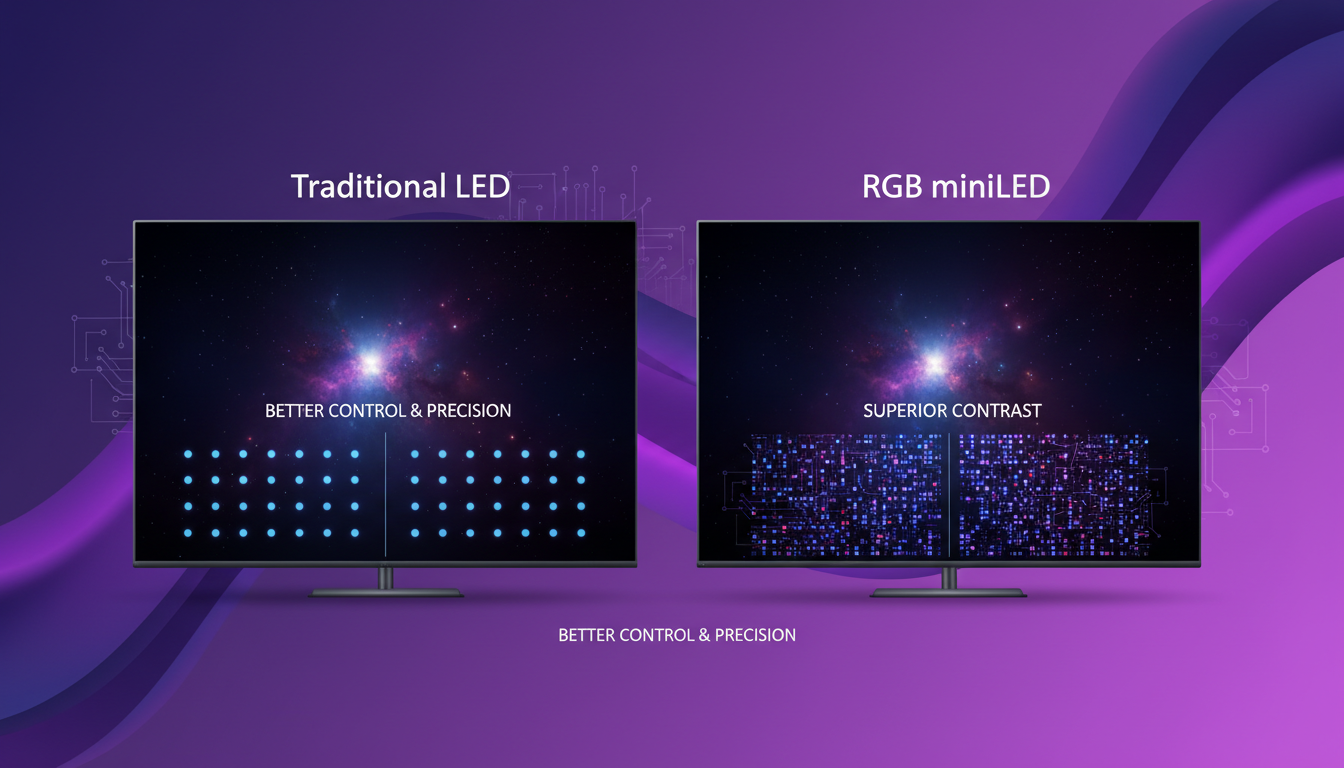 Modern illustration of technical differences between RGB mini LEDs and traditional LEDs, highlighting precise control and enhanced contrast.