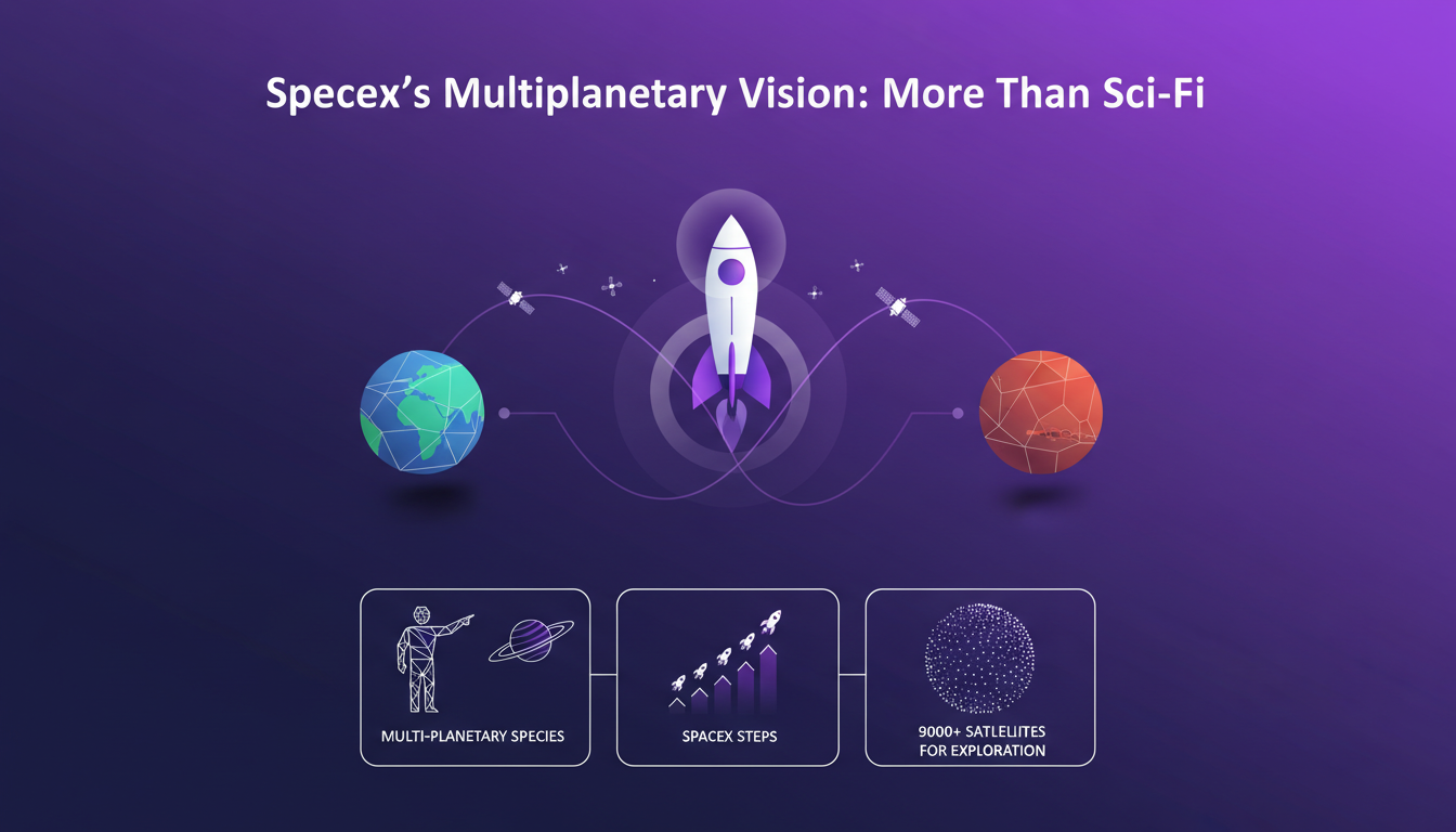 Modern illustration of SpaceX's multiplanetary vision with satellites, geometric shapes, and violet gradients.