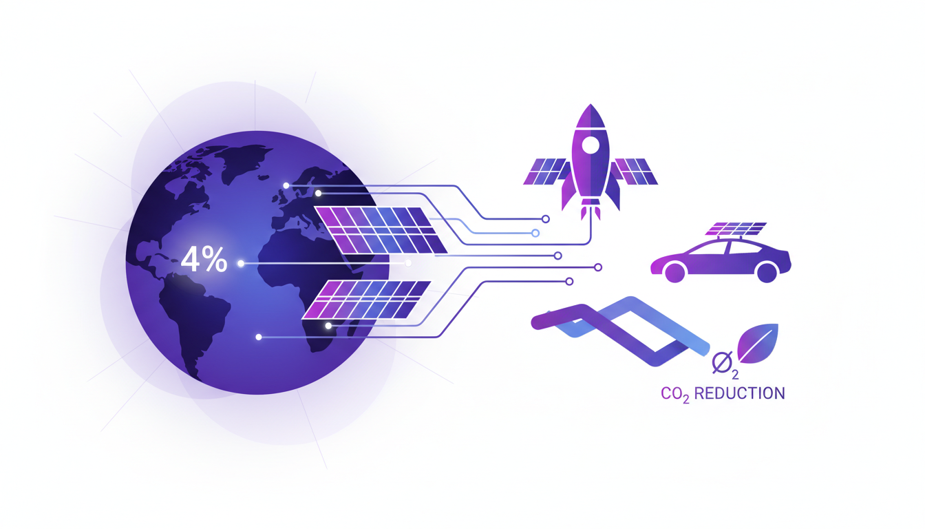 Modern illustration of solar energy from China to SpaceX and Tesla, featuring geometric shapes and indigo-violet gradients.