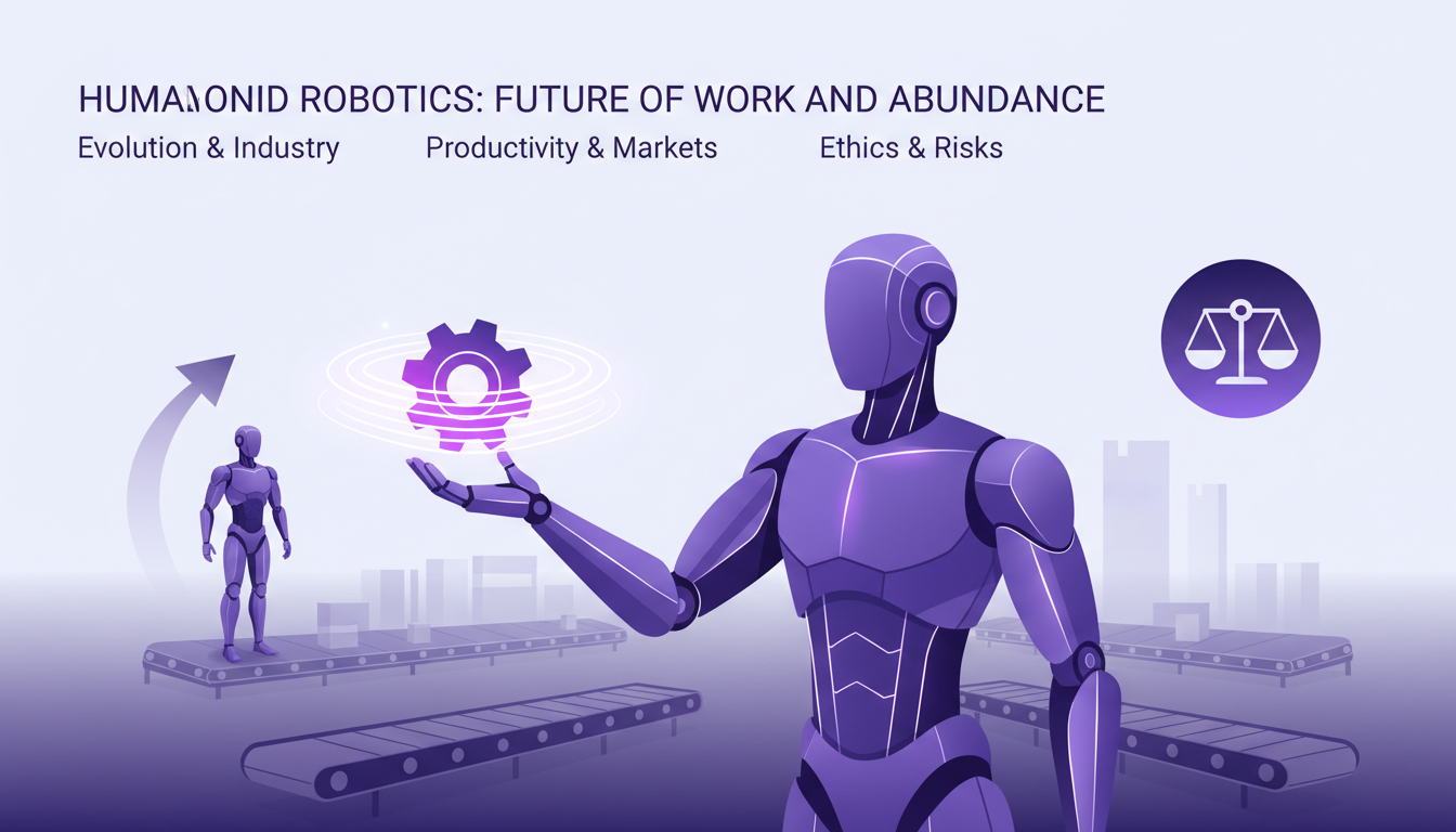 Modern illustration of humanoid robots in the future of work, highlighting their impact on labor markets and productivity.