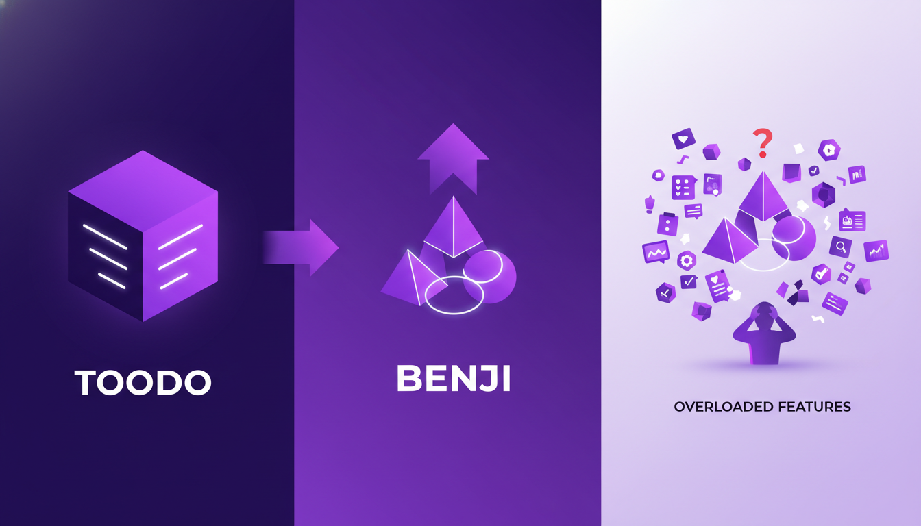 Modern illustration depicting the birth of Benji from Toodo, highlighting feature overload, in a minimalist style.