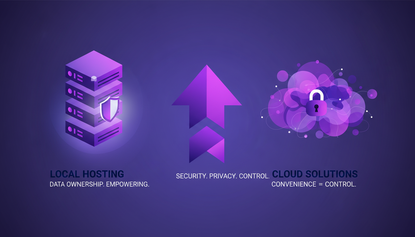 Modern illustration depicting local hosting vs. cloud solutions, highlighting the importance of data ownership.