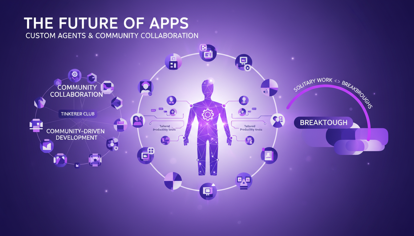 Modern illustration of custom agents and community collaboration, depicting the future of apps with geometric shapes and gradient overlays.