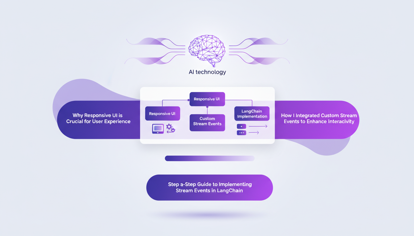 Illustration moderne de la configuration d'événements de flux personnalisés avec UI réactive, intégration LangChain en violet indigo.