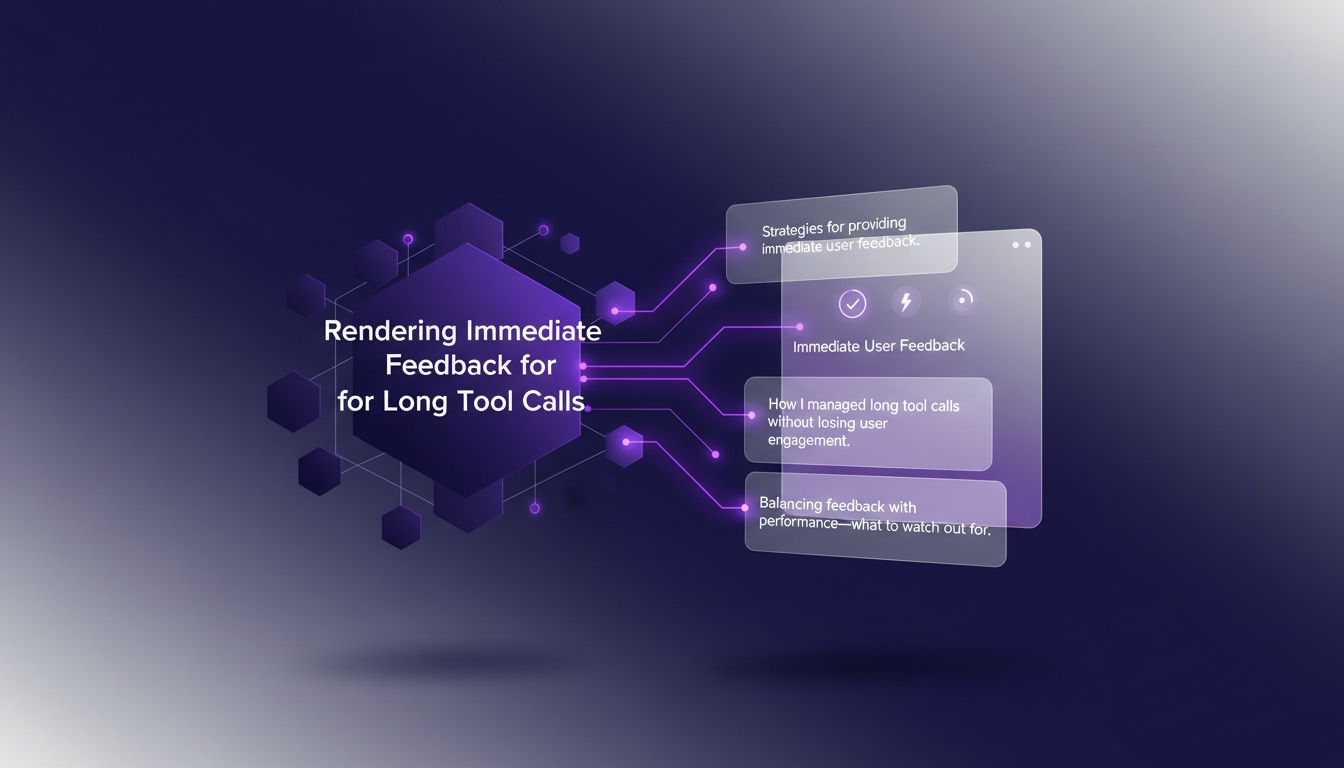 Illustration moderne de retour d'information immédiat pour appels d'outils longs, utilisant des formes géométriques et des dégradés violets.