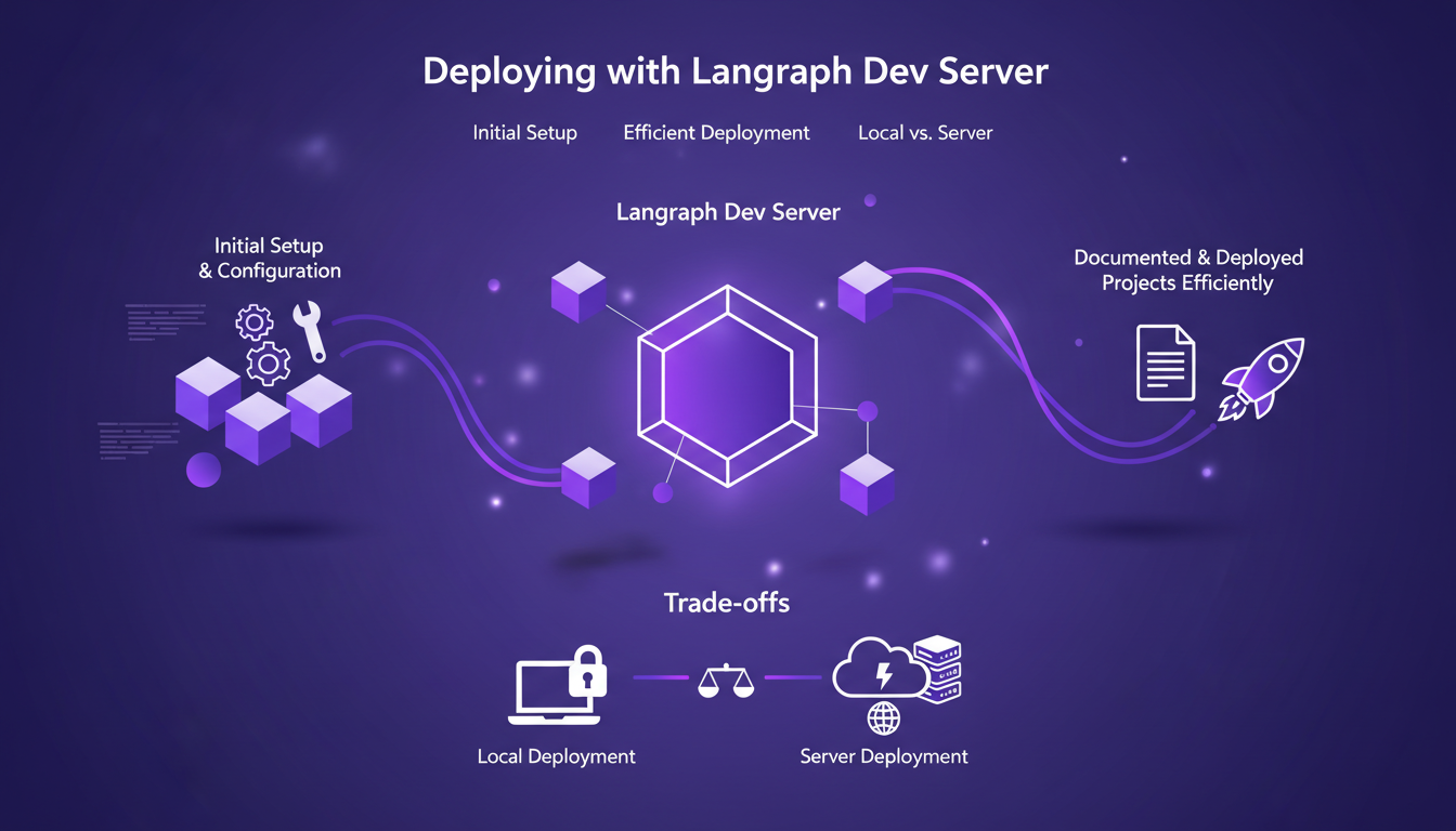 Illustration moderne de déploiement avec Langraph Dev Server, mettant en avant la configuration initiale et l'efficacité des projets.