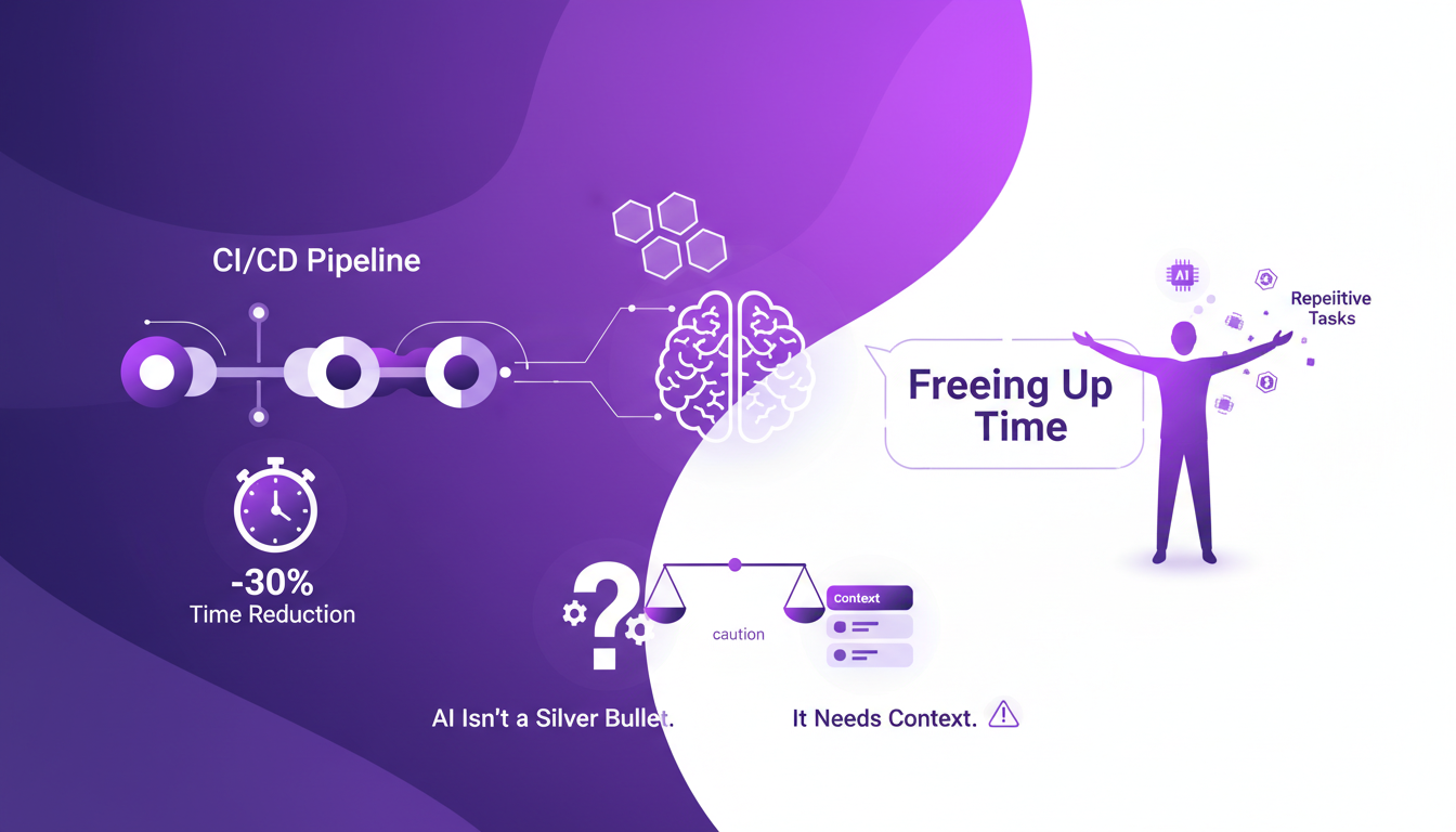 Modern illustration depicting AI tools enhancing developer workflows with geometric shapes and gradients in deep indigo and violet.