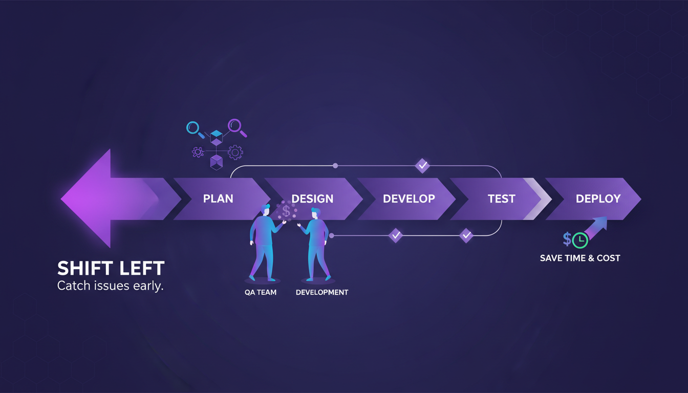 Modern illustration of Shift Left approach in development using geometric shapes and indigo, violet gradients, emphasizing early QA involvement.