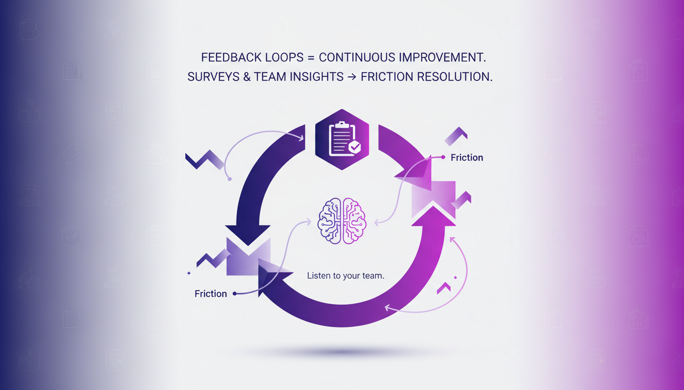 Modern illustration of feedback loops and surveys in DevEx, featuring geometric shapes and indigo-violet gradients.