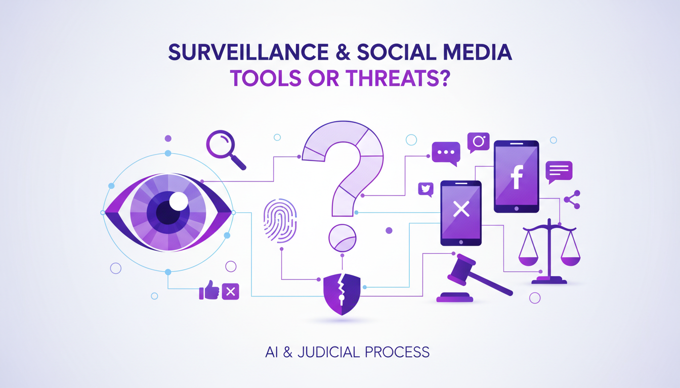 Modern illustration on surveillance and social media: tools or threats? Minimalist design with geometric shapes.