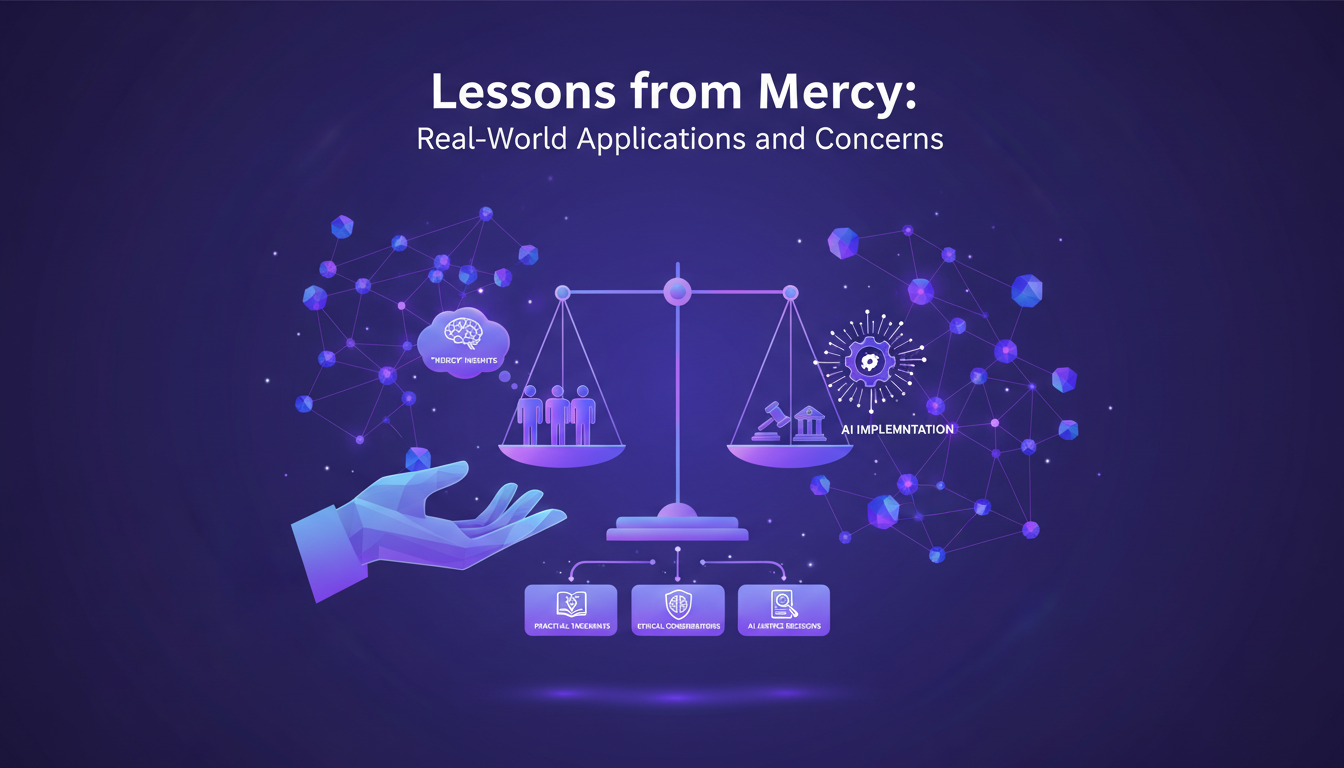 Modern illustration on Mercy's lessons: real-world AI applications and ethical concerns in justice, minimalist style.