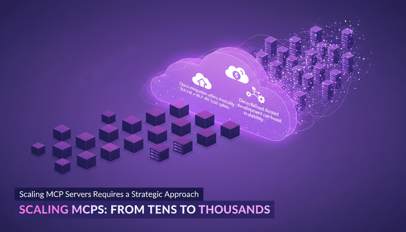 Modern illustration on scaling MCPs, cloud integration and decentralized development, featuring indigo and violet color palette.