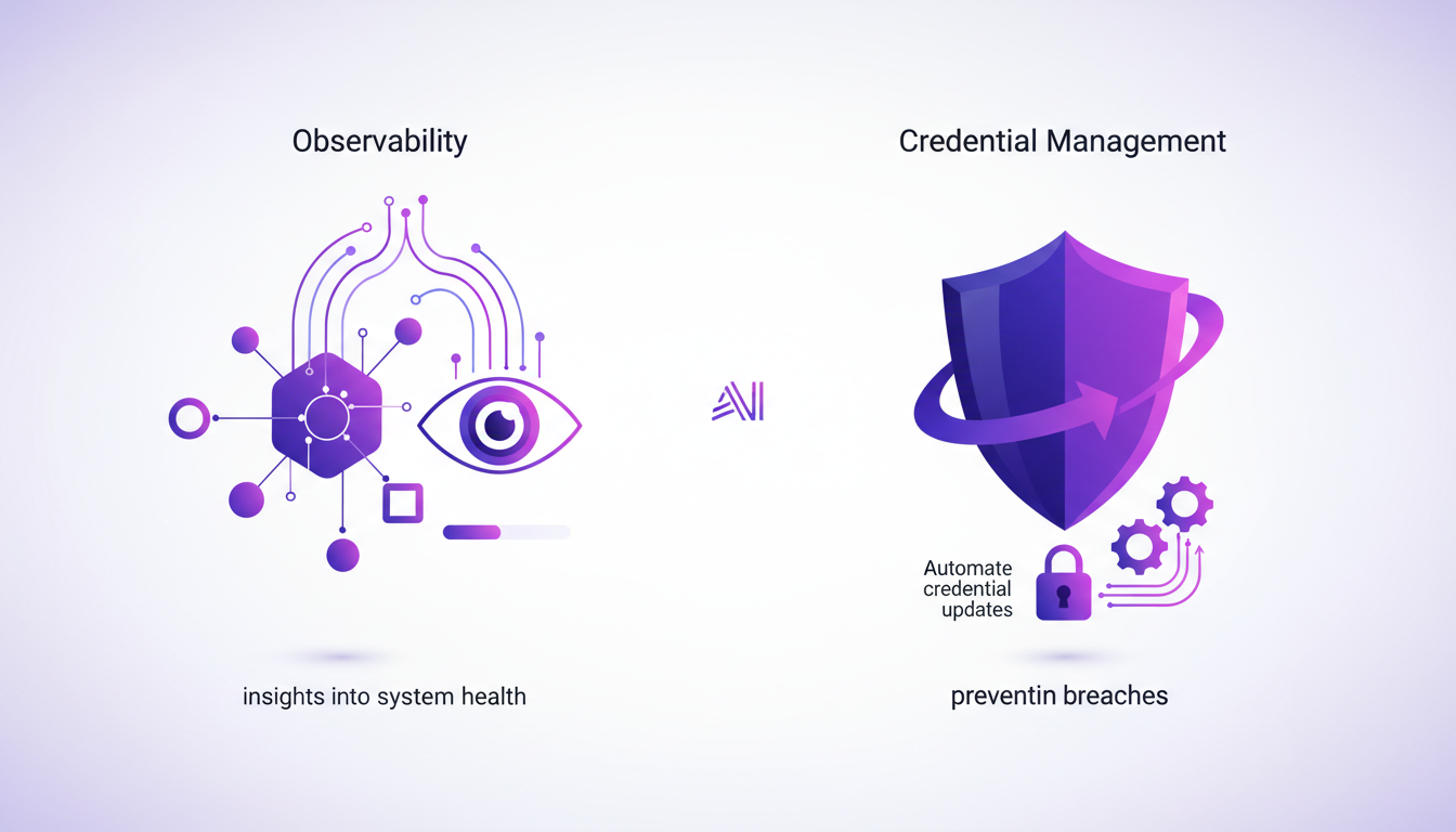 Modern illustration of observability and credential management with observability tools and automation, using indigo-violet palette.