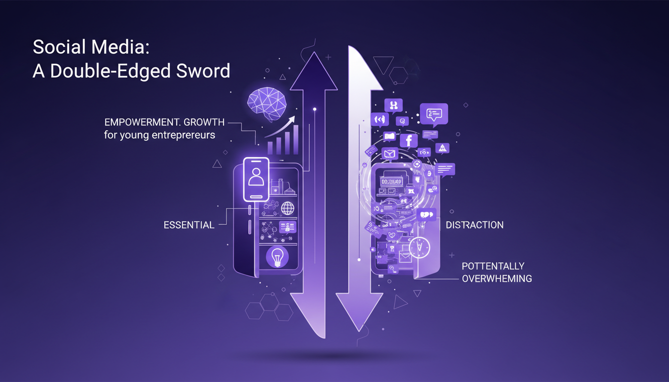Modern illustration of social media's double-edged sword: tool for young entrepreneurs, empowerment, indigo and violet palette.