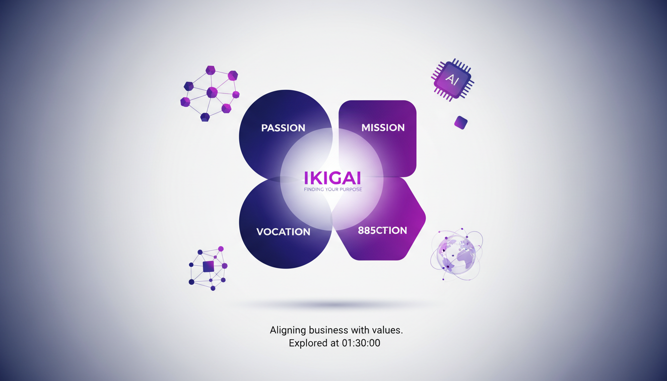 Modern illustration of ikigai, blending passion, mission, vocation, and profession with geometric shapes and indigo gradients.