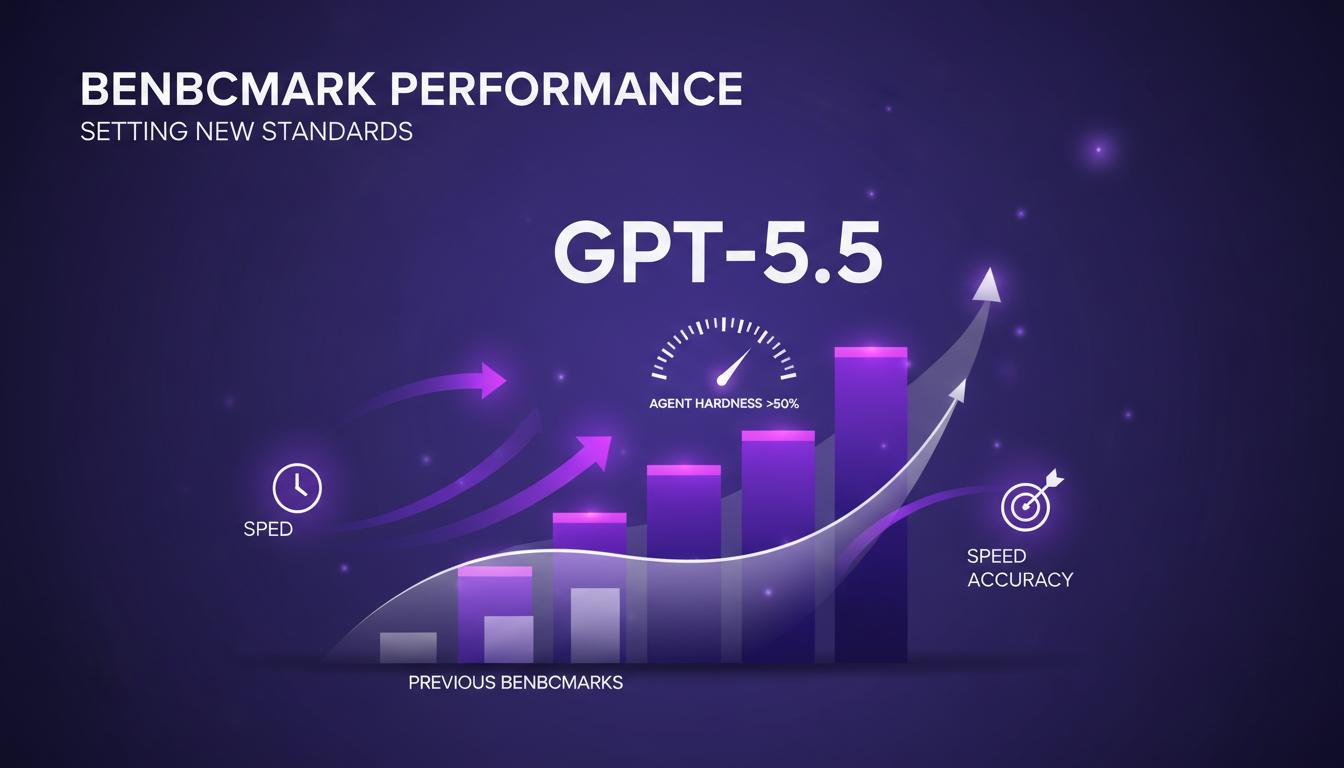 Modern illustration of benchmark performance with GPT-5.5 scoring above 50% in agent hardness, highlighting speed and accuracy improvements.