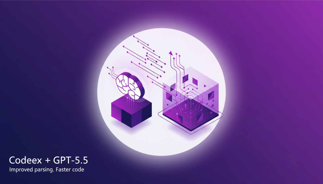 Modern illustration of Codeex with GPT-5.5, showcasing impressive integration, improved parsing, and efficiency gains in code generation.