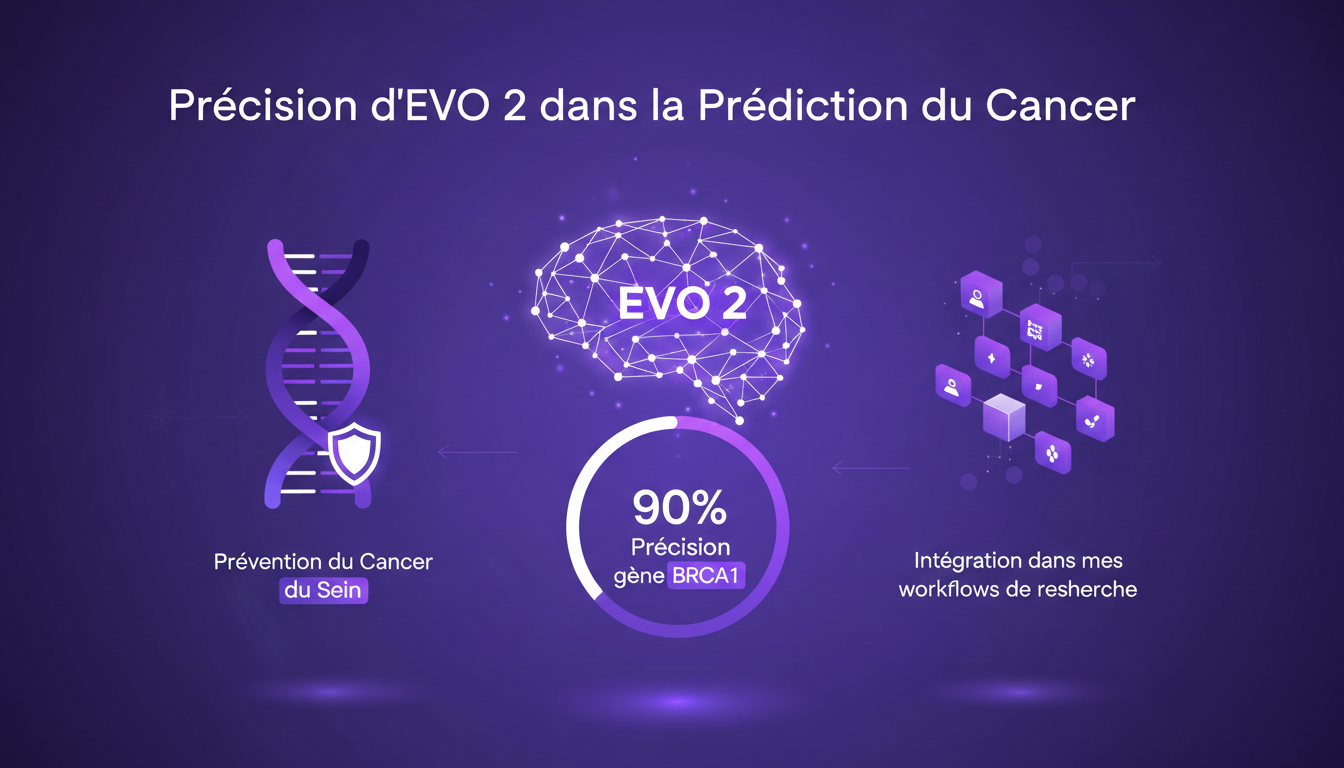 Modern illustration of AI EVO 2 predicting cancer with 90% accuracy on BRCA1, integrated into breast cancer research workflows.