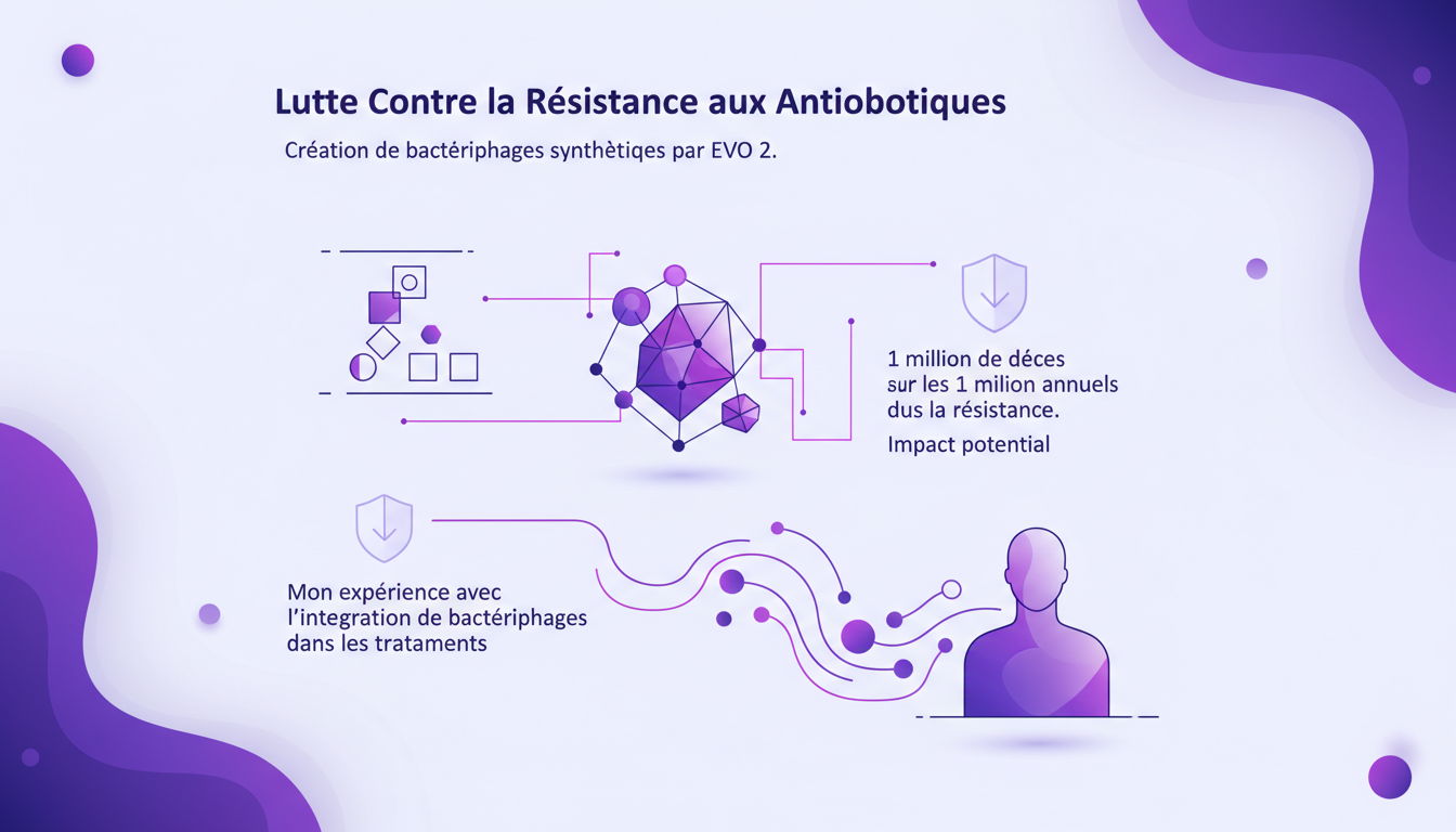 Modern illustration of synthetic bacteriophages by EVO 2, impact on antibiotic resistance, 1 million annual deaths.