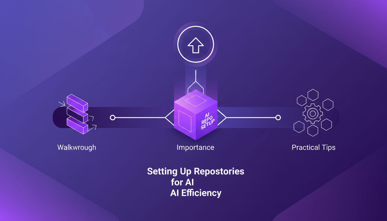 Modern illustration of setting up repositories for AI efficiency, featuring geometric shapes and indigo-violet gradients.