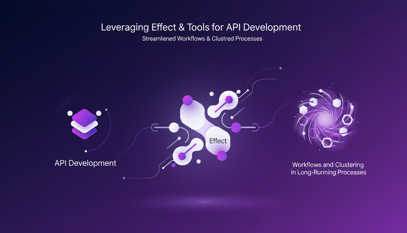 Modern illustration on leveraging effect and tools for API development, featuring geometric shapes and indigo-violet gradients.
