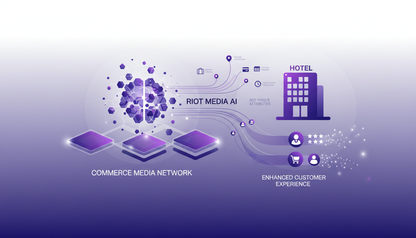 Modern illustration of Riot Media's impact on hospitality, using 500 unique attributes for targeted ads, featuring a minimalist design.