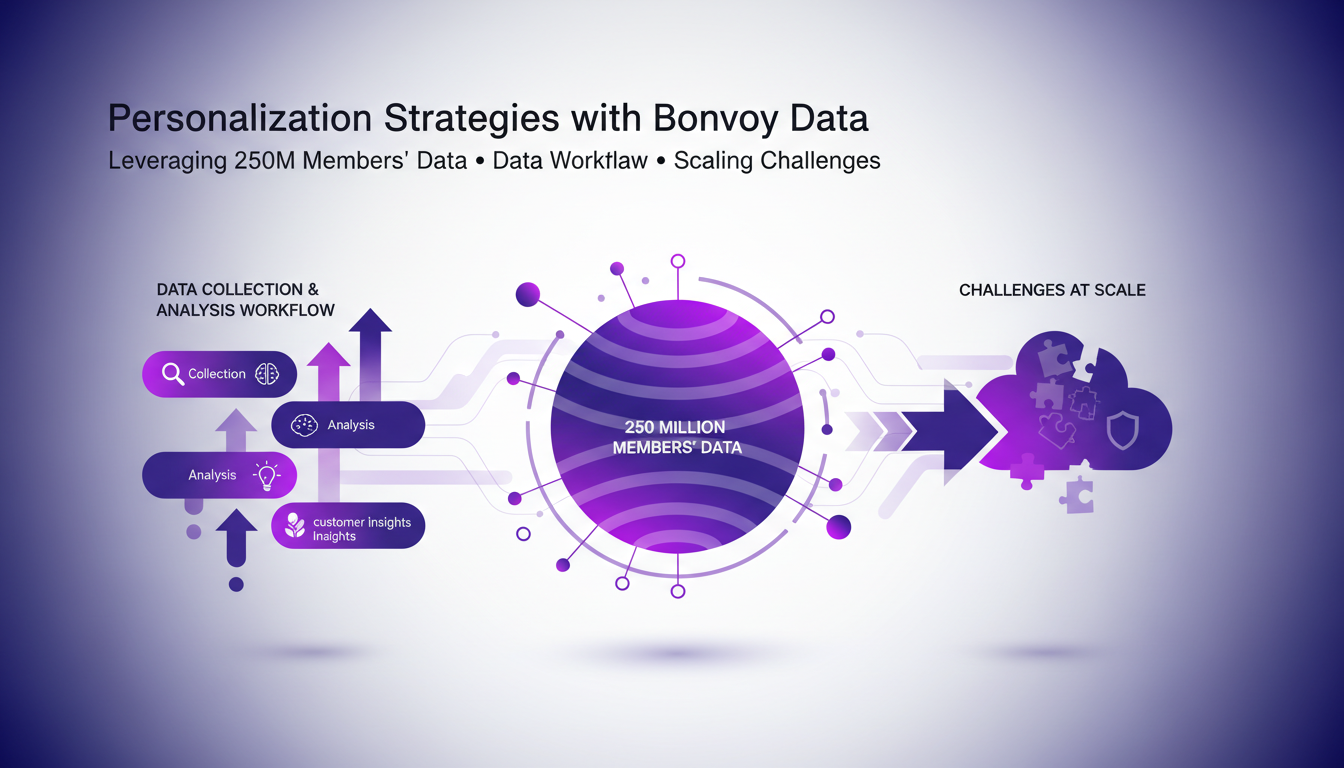 Modern illustration of personalization strategies using Bonvoy data, highlighting analysis of 250 million members for customer insights.