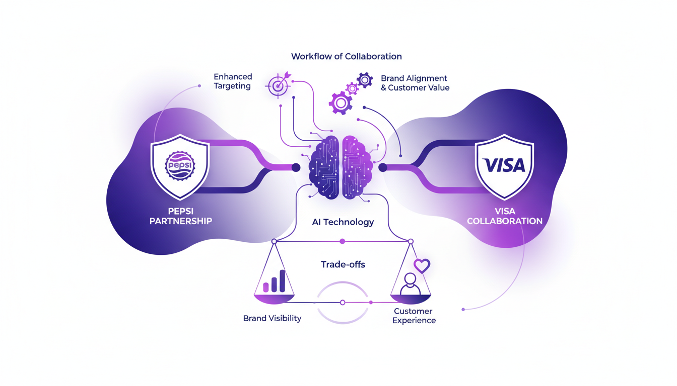Modern illustration of collaborating with brand partners like Pepsi and Visa using AI technology, in indigo and violet colors.