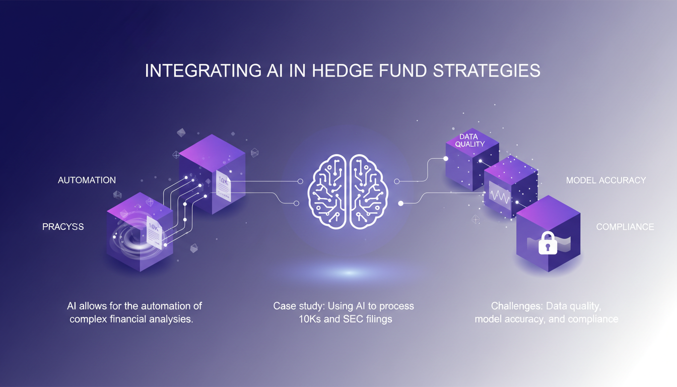 Modern illustration of AI integration in hedge fund strategies, featuring automated financial analysis and compliance challenges.