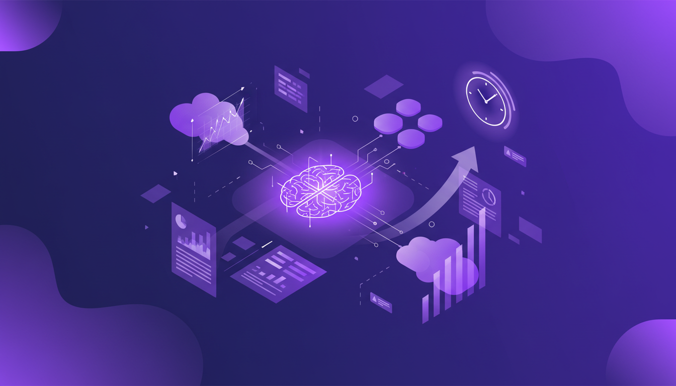 Modern illustration of AI automating financial analysis with geometric shapes and an indigo-violet palette, highlighting efficiency gains.