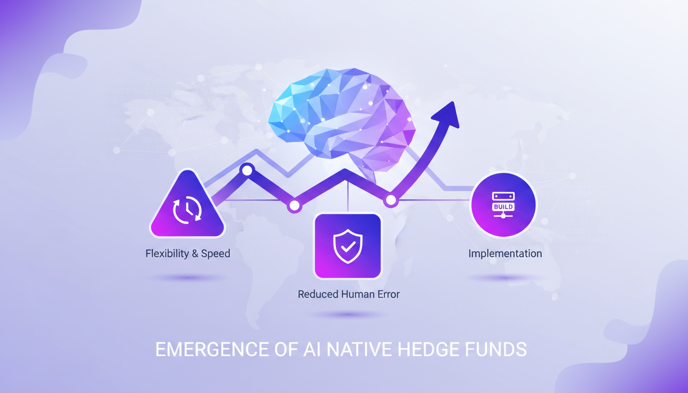 Modern illustration of AI native hedge funds, highlighting flexibility and speed with geometric shapes and violet gradients.