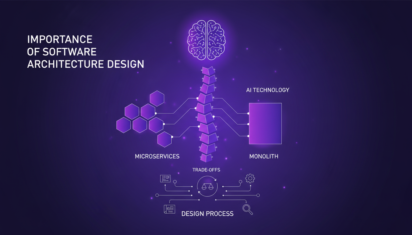 Modern minimalist illustration of software architecture design importance, featuring geometric shapes and violet gradients, for AI tech context.