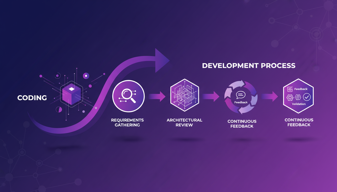Modern illustration depicting development process vs. coding, featuring geometric shapes and indigo-violet gradients.