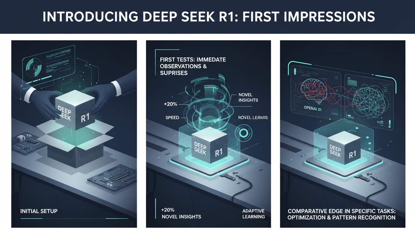Modern illustration of Deep Seek R1 unboxing, setup, initial tests, and comparison with OpenAI 01, tech-focused and professional