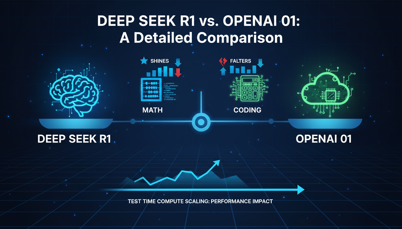 Professional illustration comparing Deep Seek R1 and OpenAI 01, focusing on math, coding, and compute scaling, modern tech style.