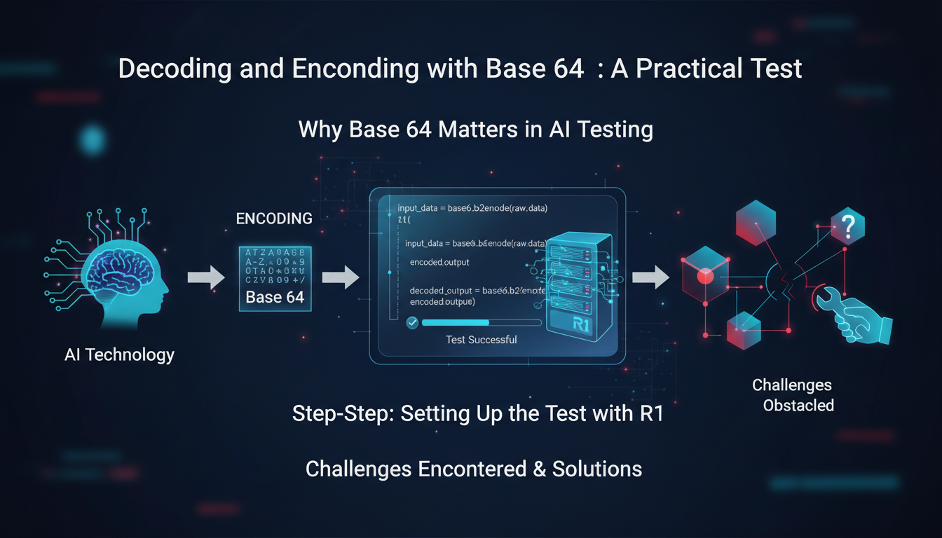 Modern illustration on Base 64 decoding and encoding, AI practical test, importance and challenges, professional tech-focused style
