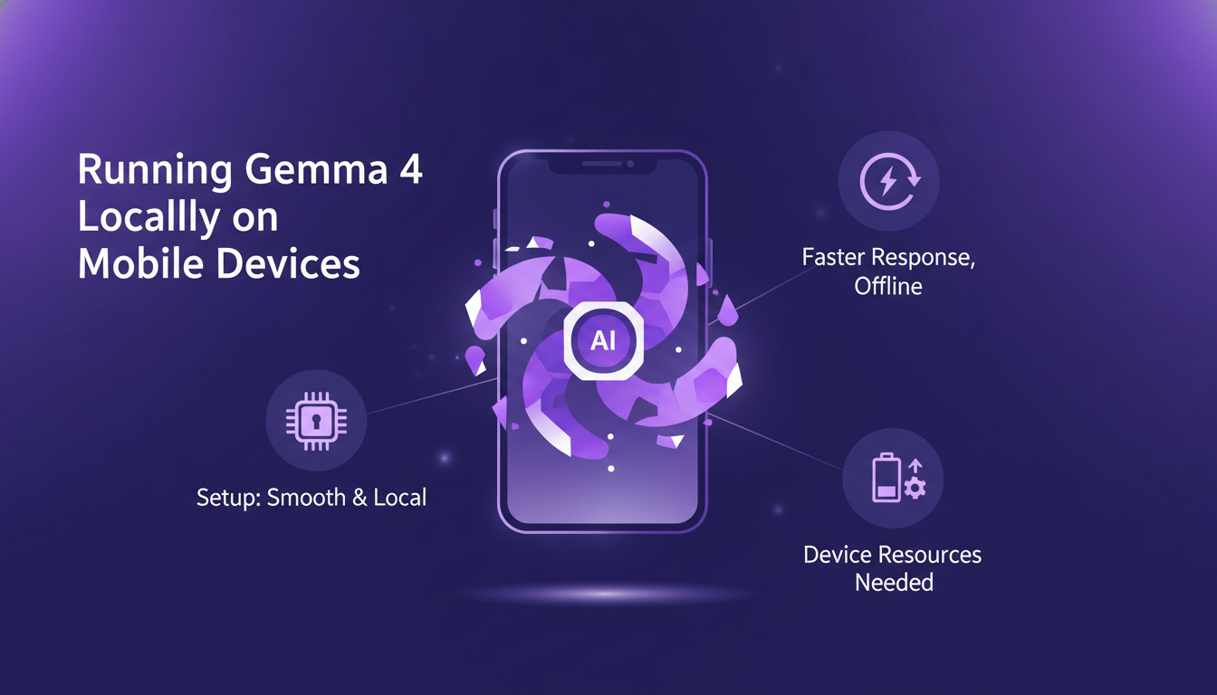 Modern illustration of Gemma 4 on mobile, showcasing efficient, fast local execution in violet and indigo hues.