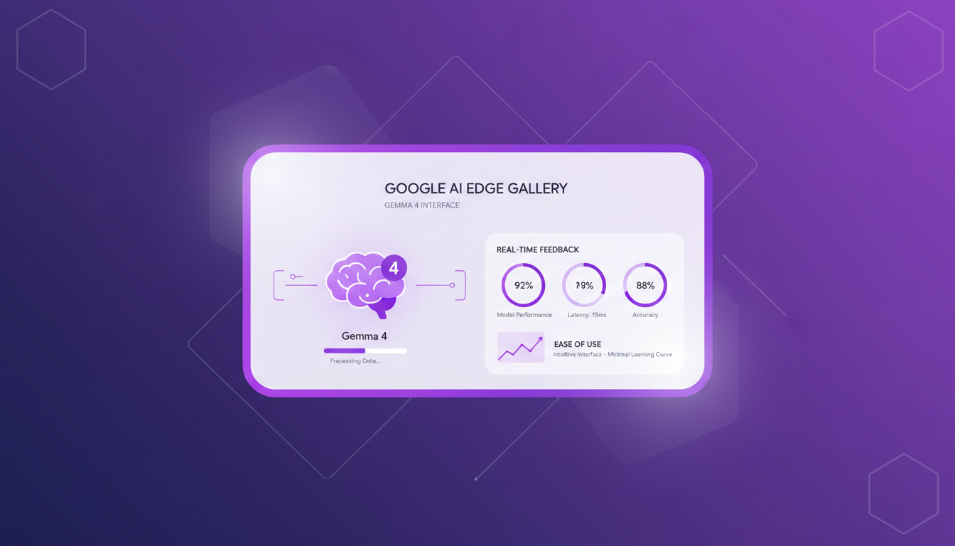 Modern illustration of interacting with Gemma 4 via Google AI Edge Gallery, intuitive interface with real-time feedback.
