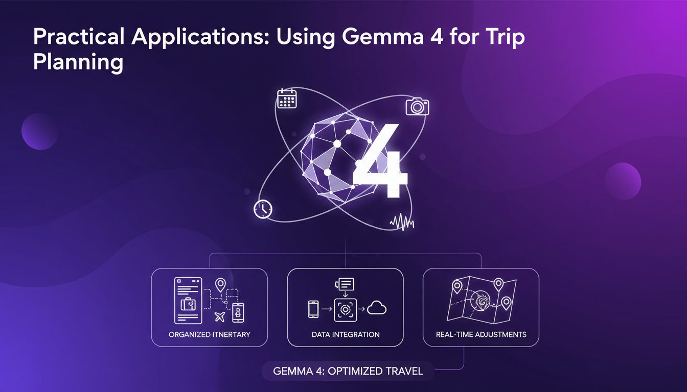 Modern illustration of Gemma 4 for trip planning, multimodal integration, dynamic updates, minimalist style.