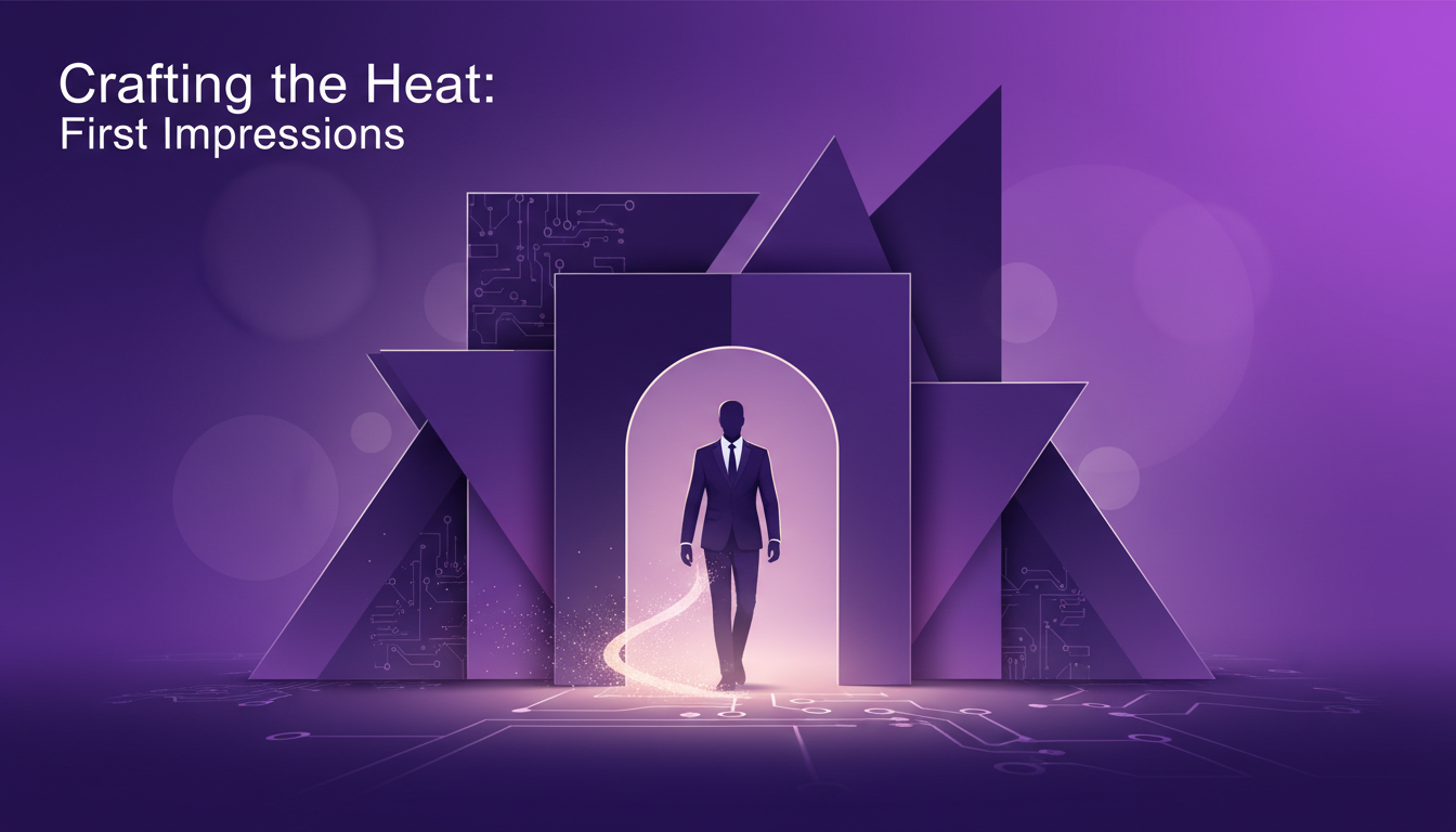 Modern minimalist illustration capturing 'Crafting the Heat: First Impressions' vibe, featuring geometric shapes and subtle gradients for AI technology context.