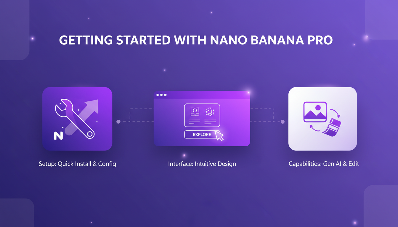 Modern illustration of Nano Banana Pro: quick setup, intuitive interface, AI features, minimalist design with indigo and violet gradients.