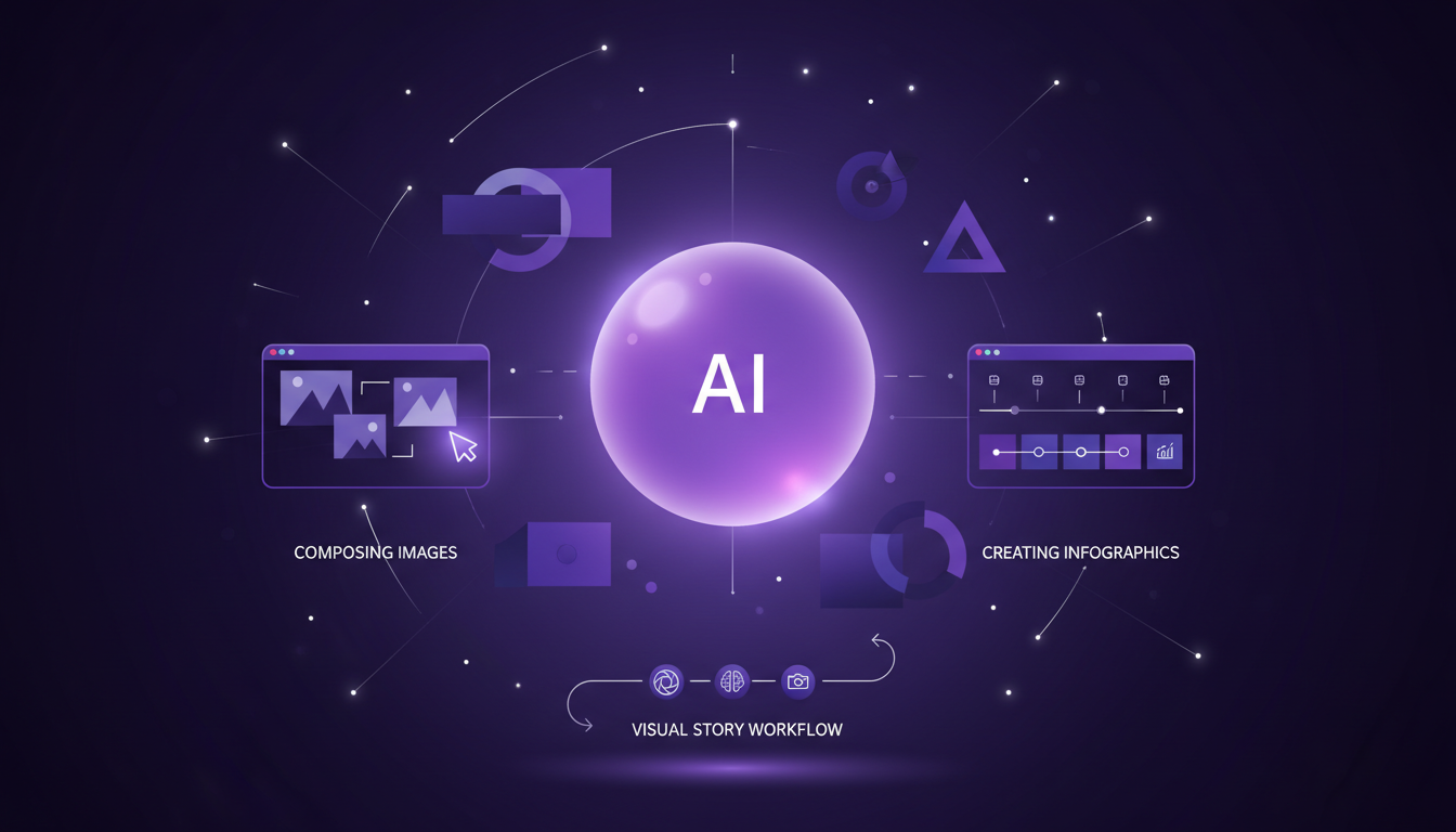 Modern minimalist illustration on composing images and creating infographics with AI, featuring geometric shapes and gradient overlays.
