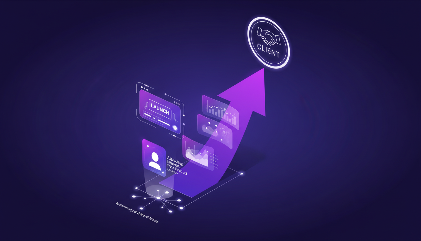Illustration moderne de l'acquisition de clients, mettant en avant le lancement de produit et le réseautage, avec des tons indigo et violet.