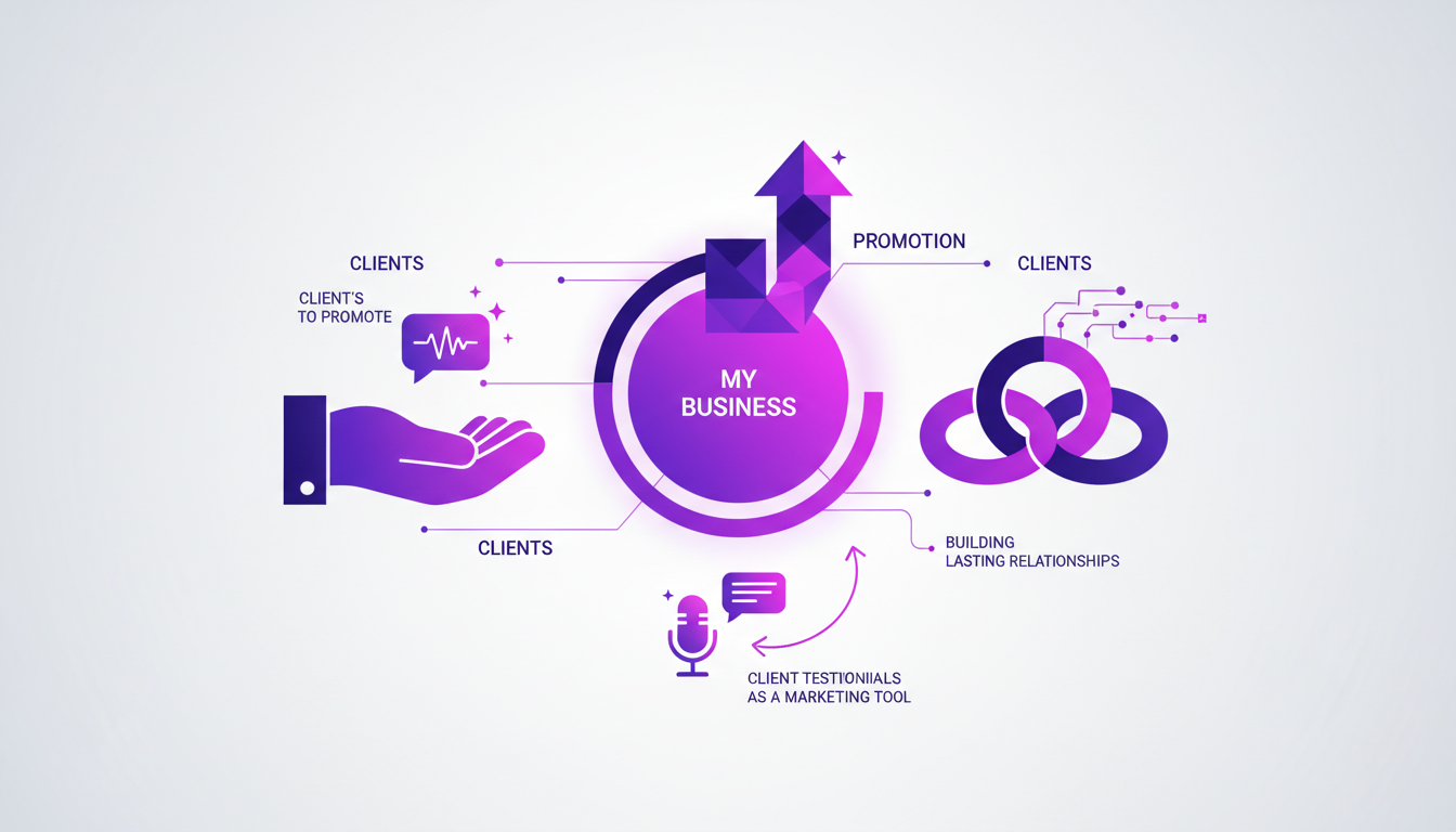 Illustration moderne sur l'utilisation du soutien client pour la promotion, avec formes géométriques et dégradés en indigo et violet.